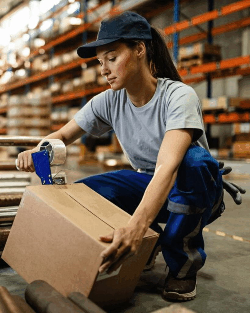 Femme utilisant un dévidoir pour scotcher un carton avec adhésif emballage fermeture carton