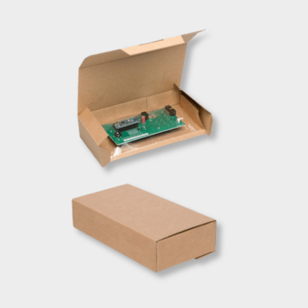 Emballage Korrvu avec maintien par film pour protection des produits fragiles