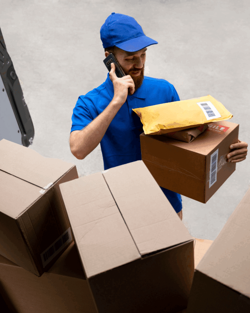 Livreur en expédition de caisses carton pour la livraison rapide