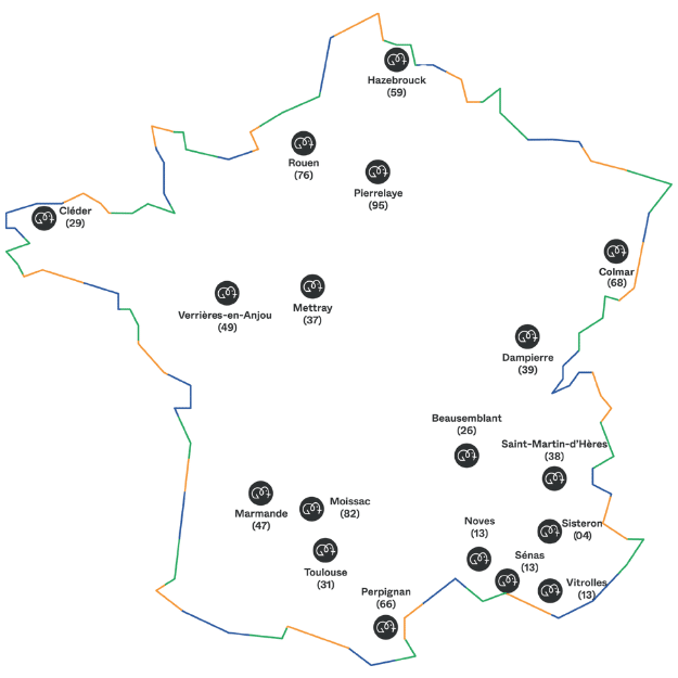 Filpack dispose de 18 sites de proximité dans toute la France : Hazebrouck, Rouen, Pierrelaye, Cléder, Colmar, Mettray, Verrières-en-Anjou, Dampierre,Beausemblant, Saint-Martin-d'Hères, Sisteron,Vitrolles,Sénas, Noves, Beausemblant, Perpignan, Toulouse, Moissac, Marmande