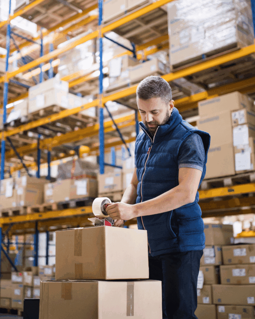 Application d’un adhésif d’emballage avec dévidoir pour la fermeture carton