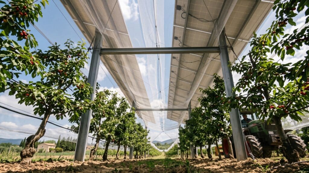 Filet de protection installé entre les panneaux solaire d'un verger en culture agrivoltaïque