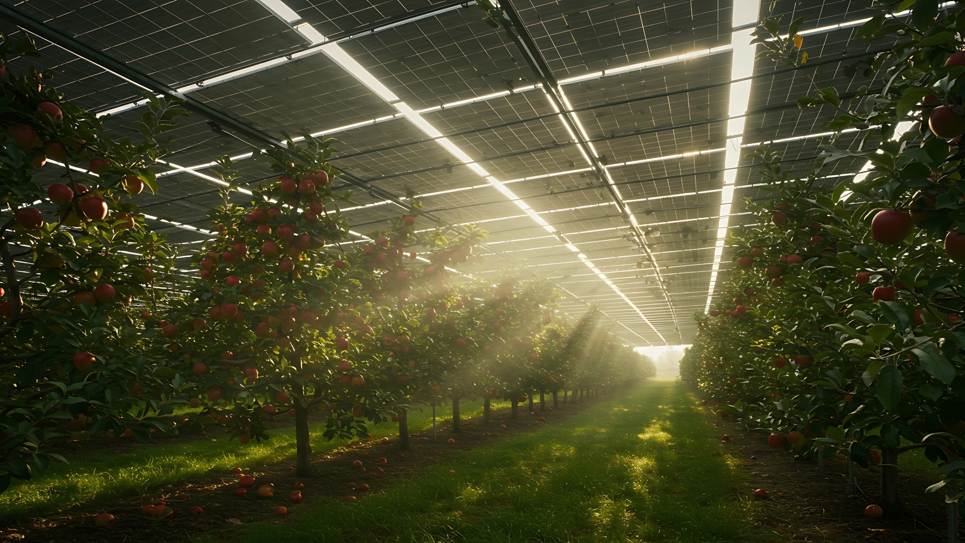 Verger de pommiers sous panneaux solaire