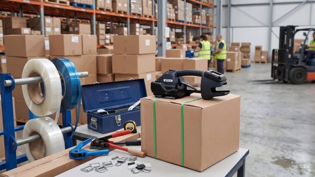 Accessoires pour le cerclage des colis de stockage et de transport