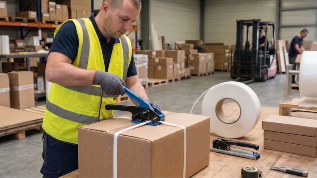 Colis cercler avec du feuillard manuel en PP