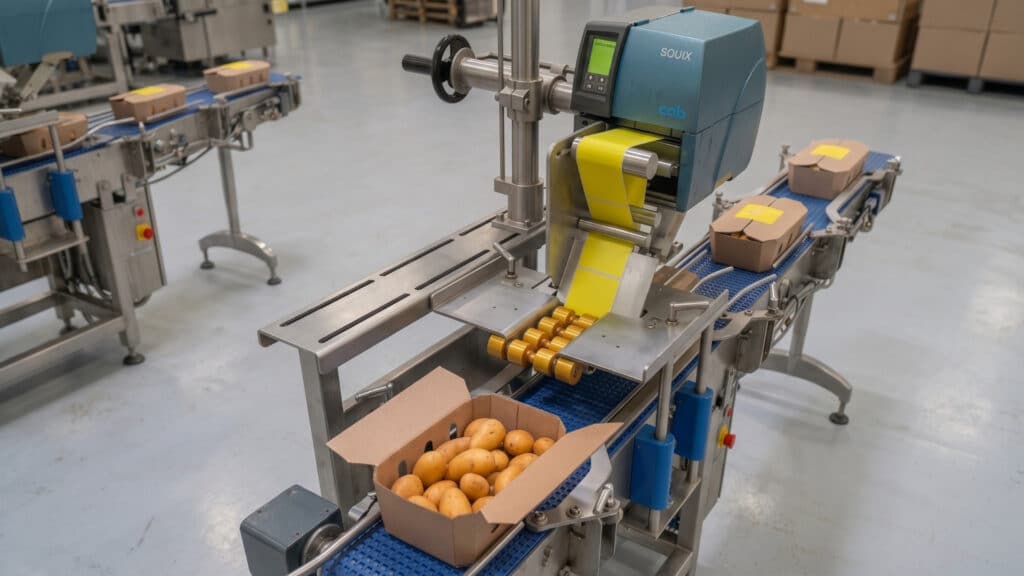 Machine étiquetteuse CAB pour fermer les barquettes en carton avec rabats