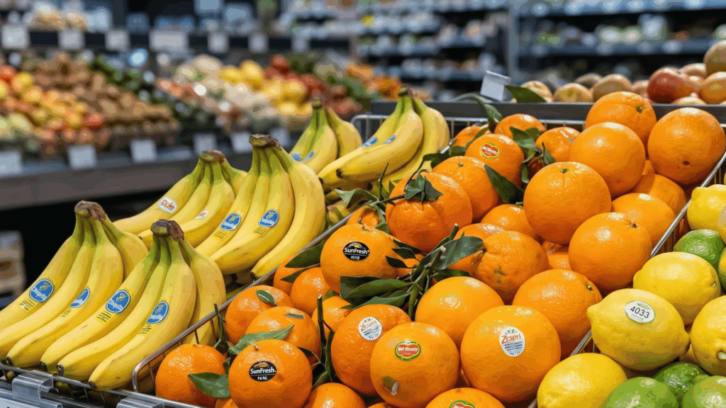 Etal fruits supermarché étiquettes adhésives bananes oranges