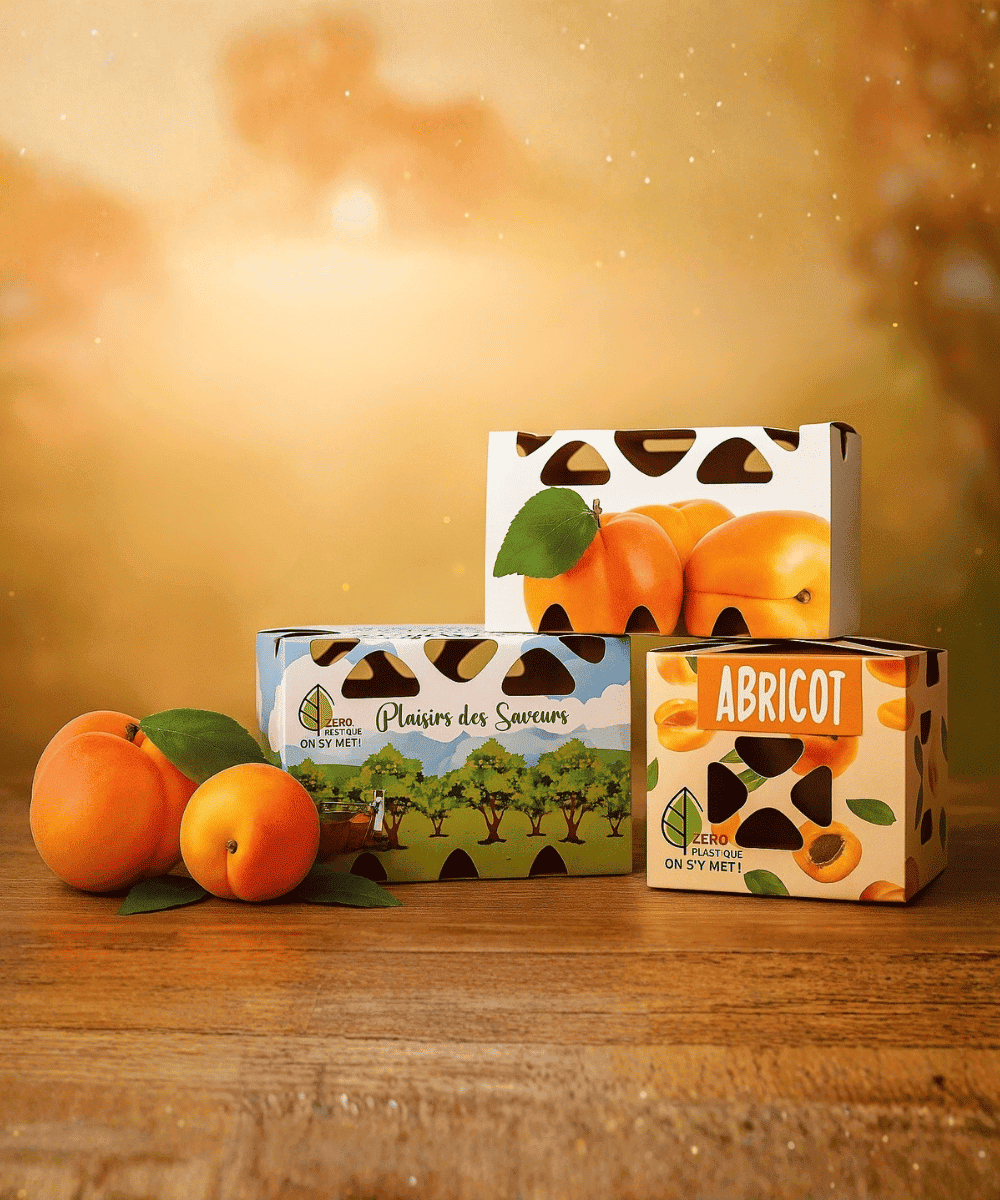Barquettes de fruits, abricots, en carton au design personnalisé